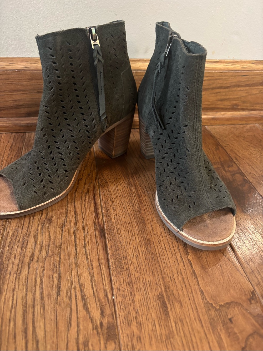 Toms Olive Suede Peep-Toe Perforated Ankle Booties